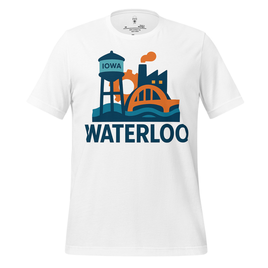 White JMK Drip Waterloo Graphic T-Shirt featuring Iowa water tower and industrial city design