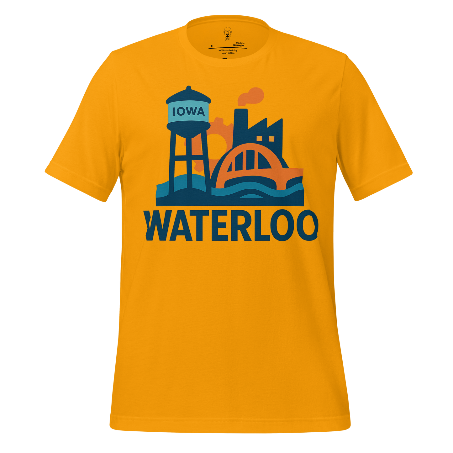JMK Drip Waterloo Graphic T-Shirt in yellow with blue and orange Iowa cityscape design