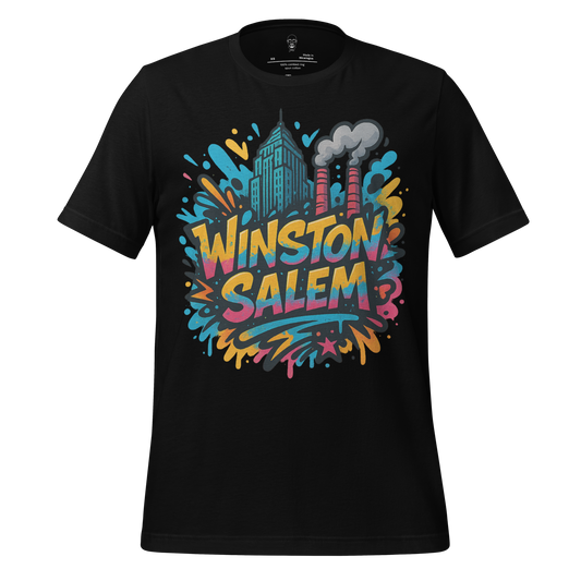 Black JMK Drip Winston-Salem Graphic T-Shirt with colorful cityscape and smoke stack design