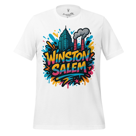 White Winston-Salem Graphic T-Shirt with colorful cityscape and smoke stack design by JMK Drip