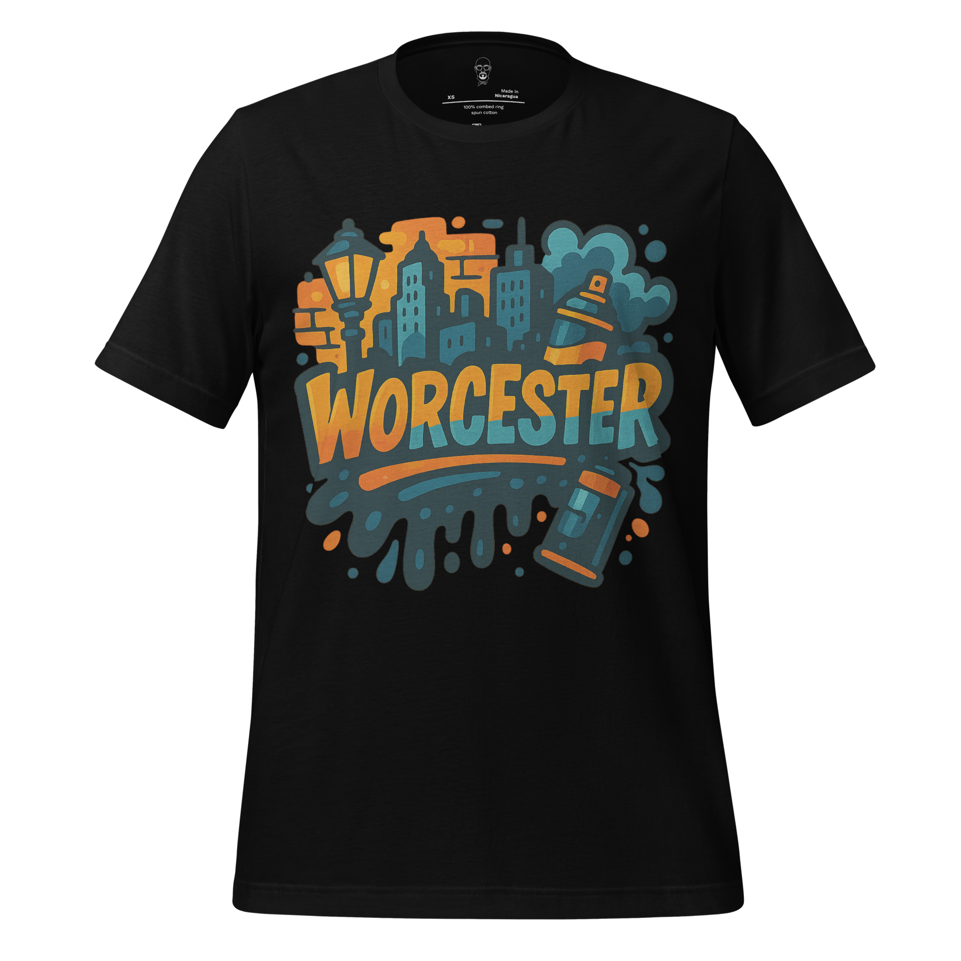 Black Worcester Graphic T-Shirt with colorful cityscape and street elements design