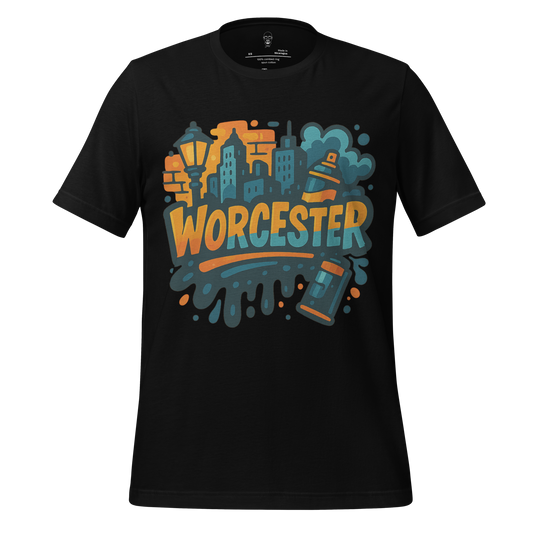 Black Worcester Graphic T-Shirt with colorful cityscape and street elements design