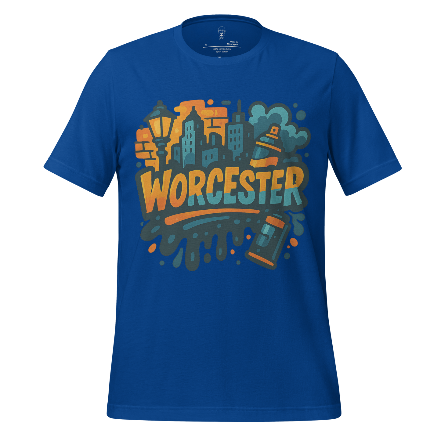 JMK Drip Worcester Graphic T-Shirt in blue with colorful cityscape and bold Worcester text design