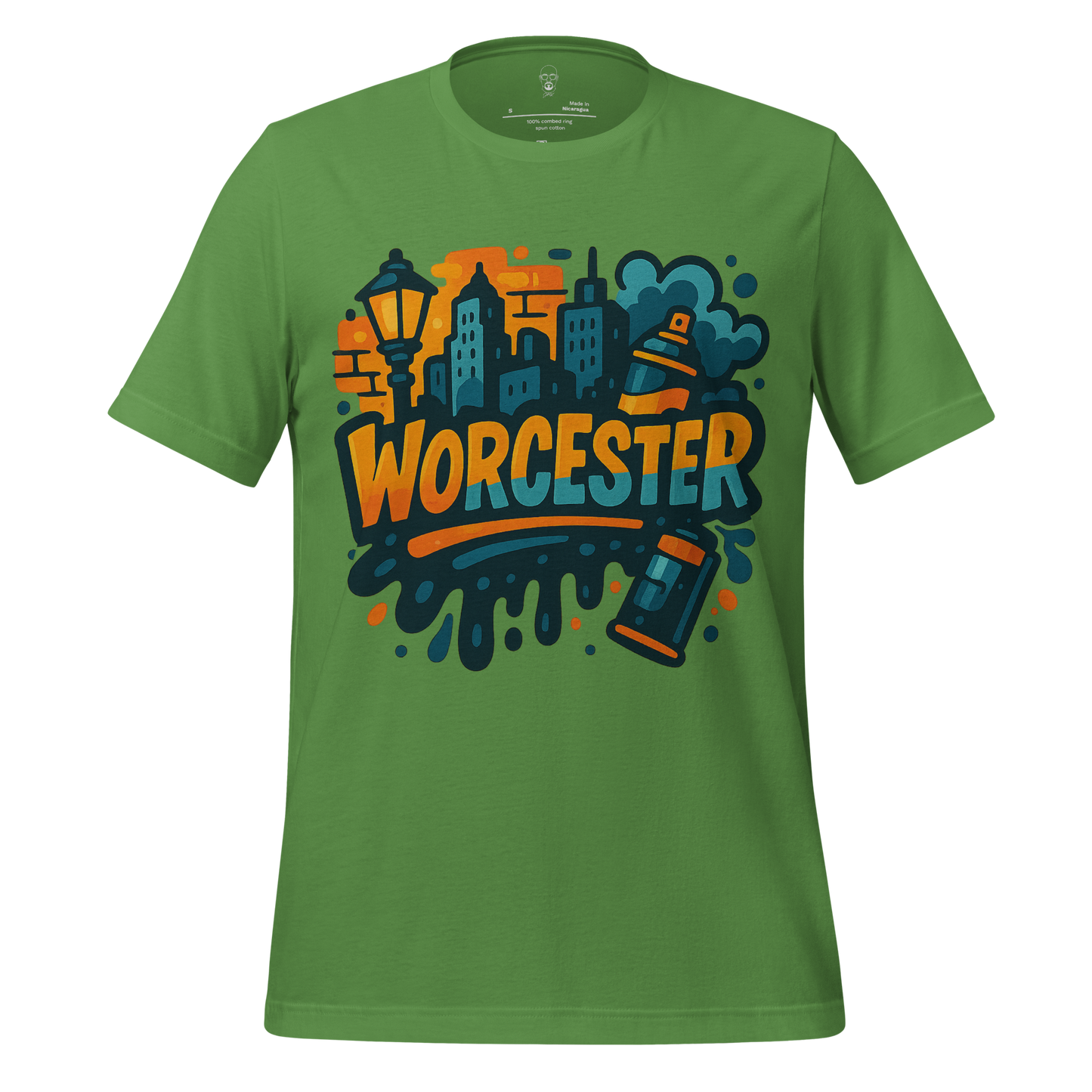 Green Worcester Graphic T-Shirt featuring city skyline and spray paint design by JMK Drip