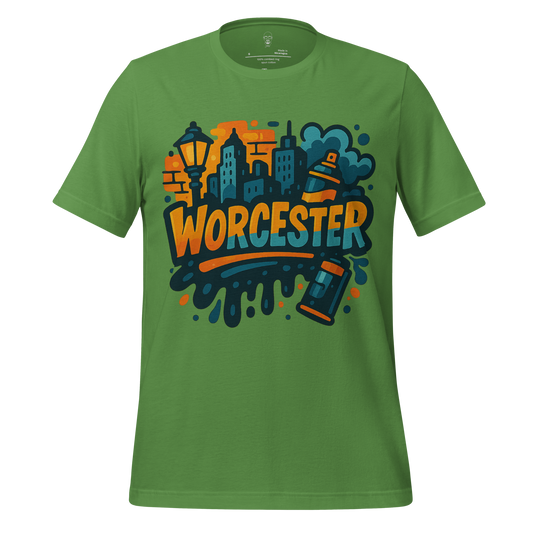 Green Worcester Graphic T-Shirt featuring city skyline and spray paint design by JMK Drip