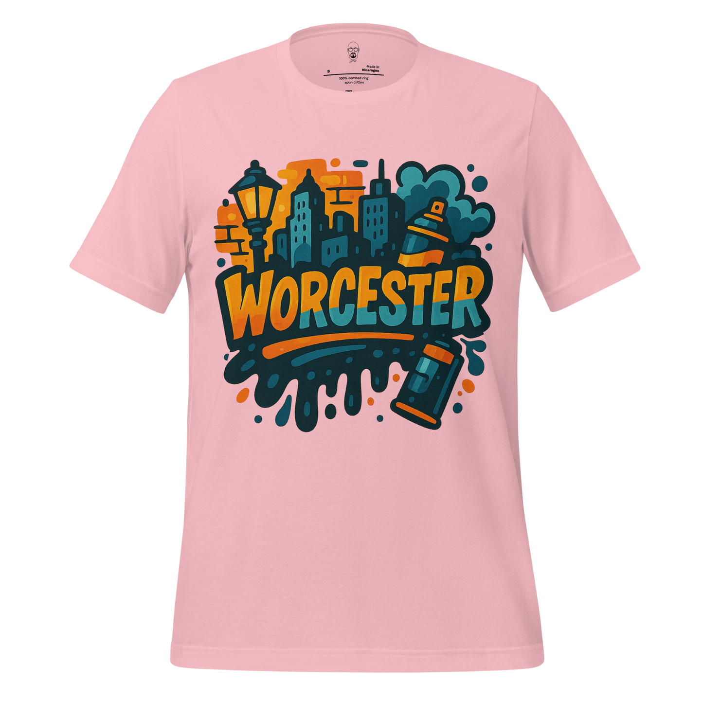 JMK Drip pink Worcester Graphic T-Shirt featuring city skyline and street art design