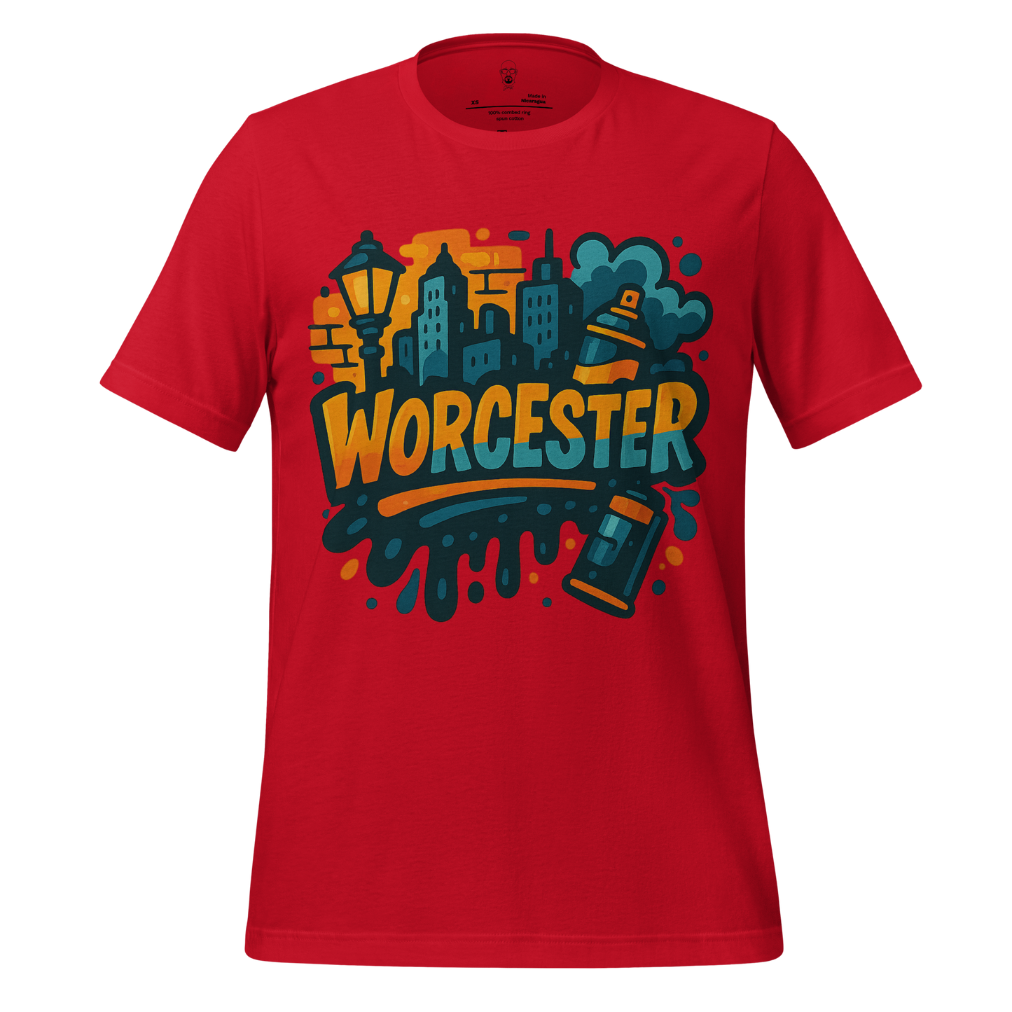 Red Worcester Graphic T-Shirt by JMK Drip with colorful cityscape and street art design