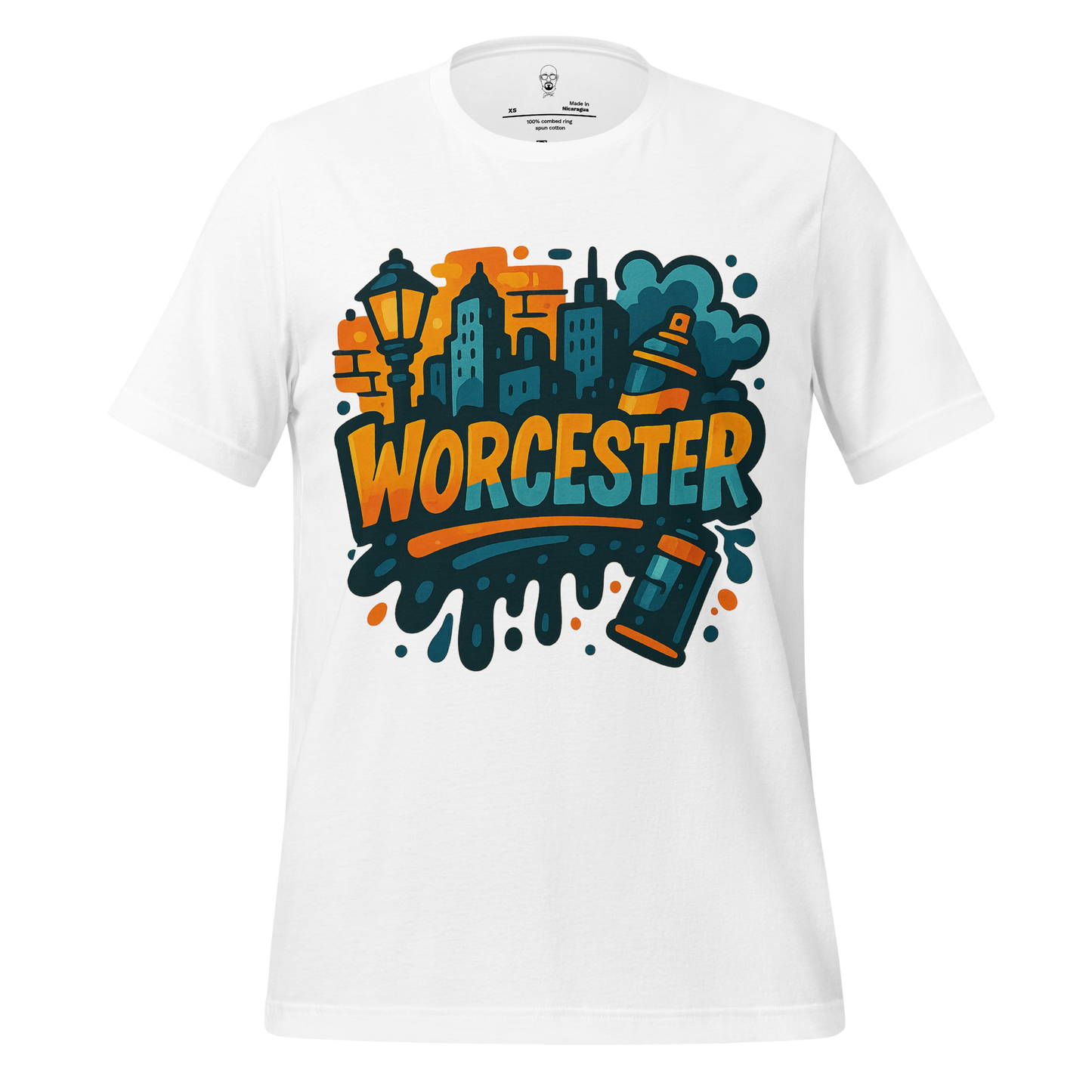 White Worcester Graphic T-Shirt with colorful city skyline and street elements design