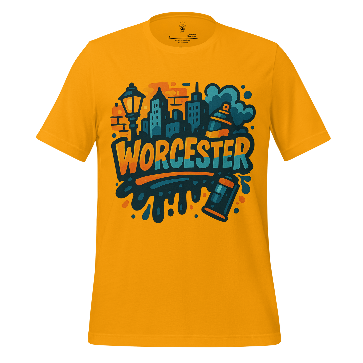 JMK Drip Worcester Graphic T-Shirt in yellow with cityscape and street lamp design