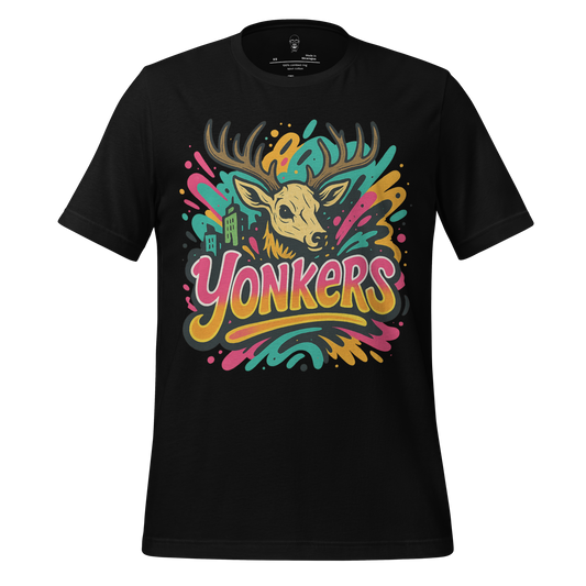 JMK Drip Yonkers Graphic T-Shirt in black with colorful deer and cityscape design