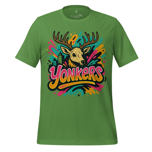 Green Yonkers Graphic T-Shirt with colorful deer and cityscape design by JMK Drip