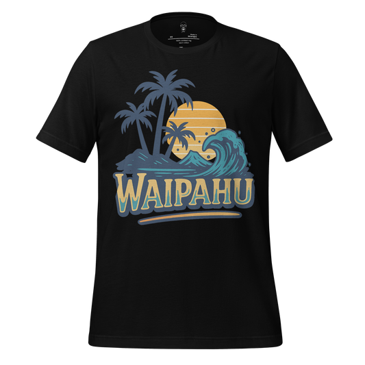 JMK Drip Waipahu Graphic T-Shirt with palm trees ocean wave and sunset design on black fabric