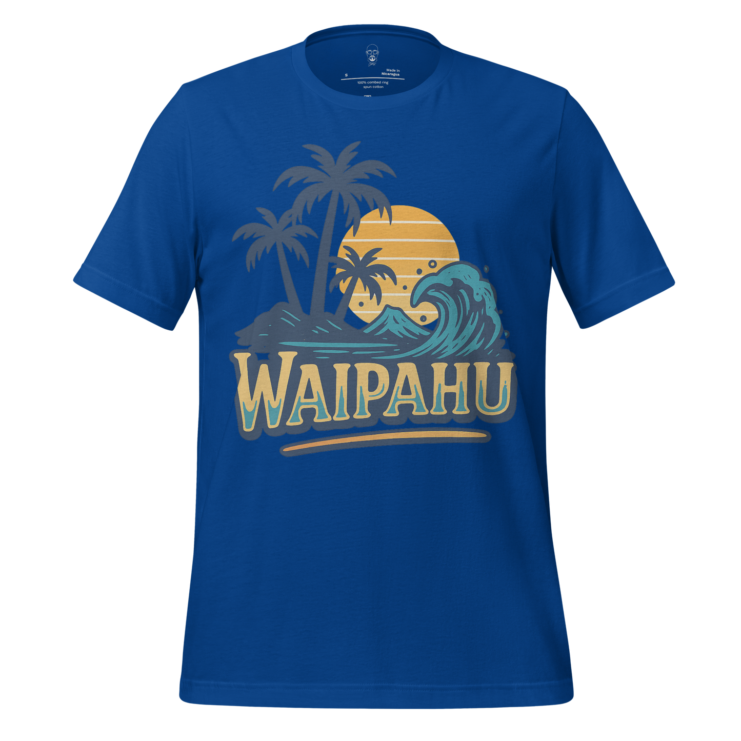 JMK Drip Waipahu Graphic T-Shirt in blue with palm trees, wave, sunset, and Waipahu text design