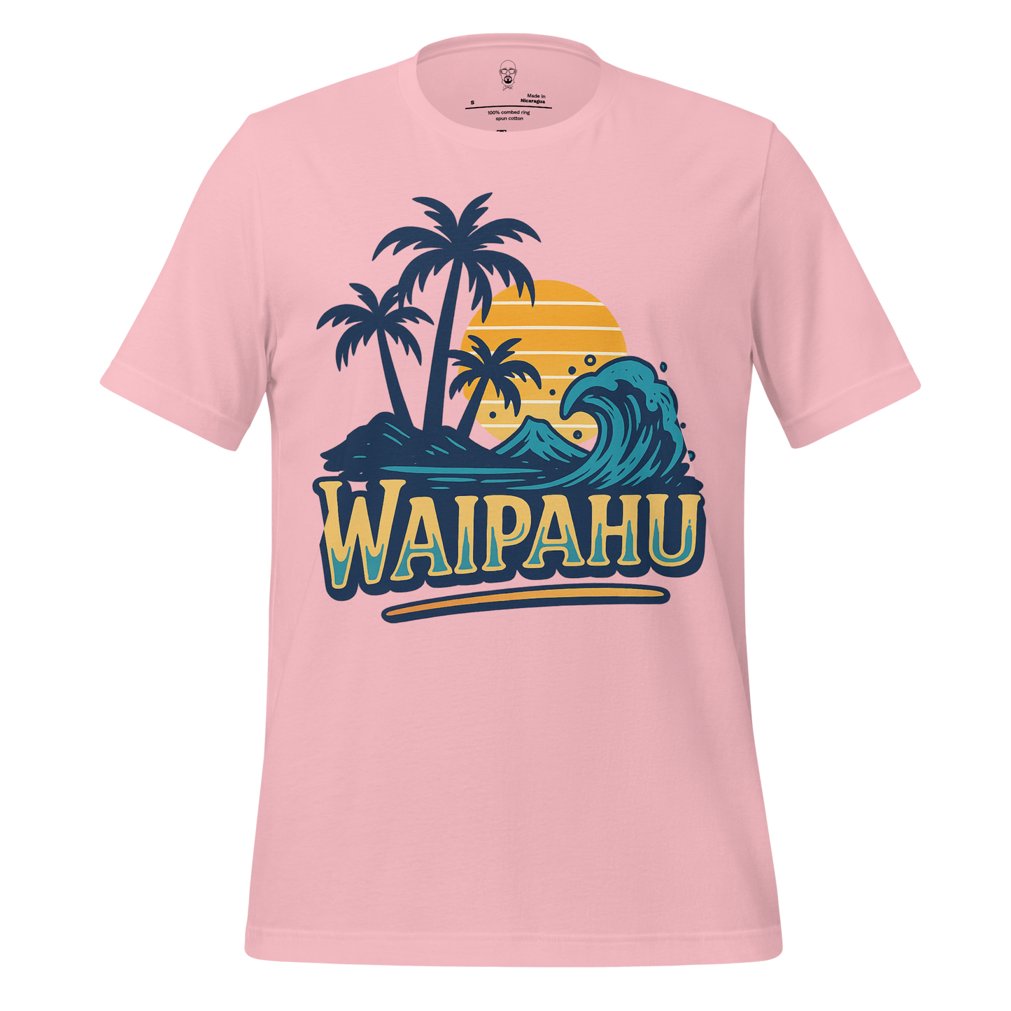 Pink Waipahu Graphic T-Shirt with tropical palm trees, ocean wave, and sunset design