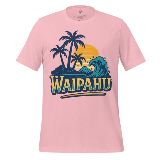 Pink Waipahu Graphic T-Shirt with tropical palm trees, ocean wave, and sunset design