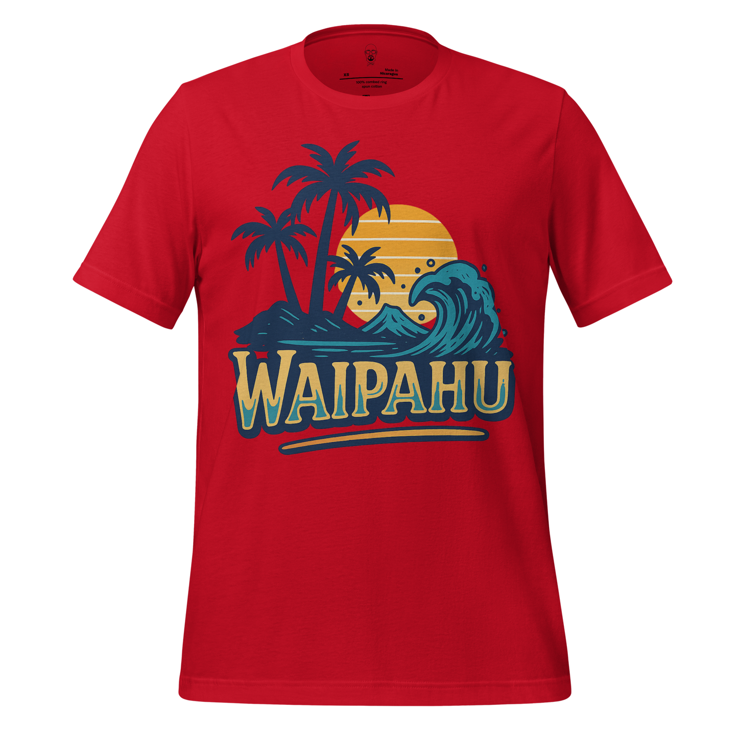 Red Waipahu Graphic T-Shirt with tropical palm trees, ocean waves, and sunset design