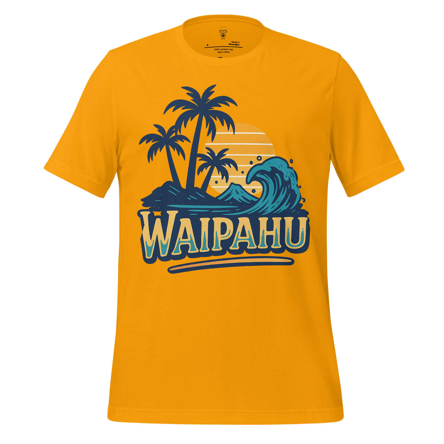 JMK Drip Waipahu Graphic T-Shirt with palm trees and ocean wave design on yellow fabric