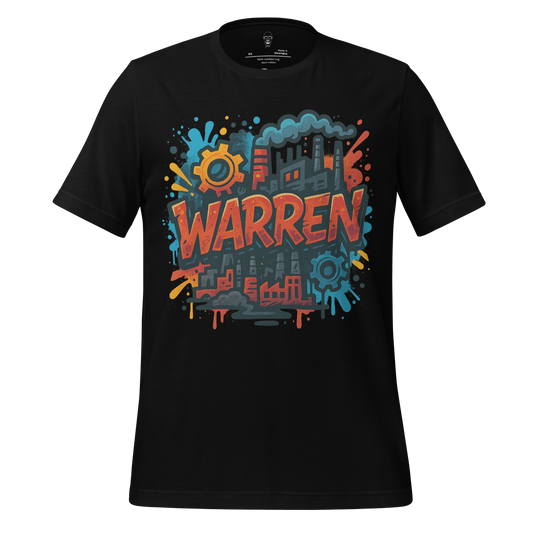 Black Warren Graphic T-Shirt with colorful urban industrial design and bold lettering