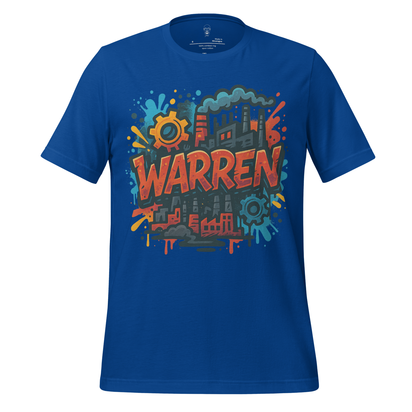 JMK Drip blue Warren Graphic T-Shirt with colorful industrial factory design and bold lettering