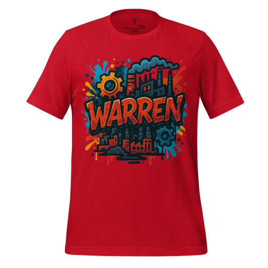 Red Warren Graphic T-Shirt with colorful industrial and gear design by JMK Drip