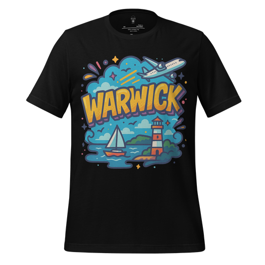 Black Warwick Graphic T-Shirt with colorful airplane, lighthouse, and sailboat design by JMK Drip