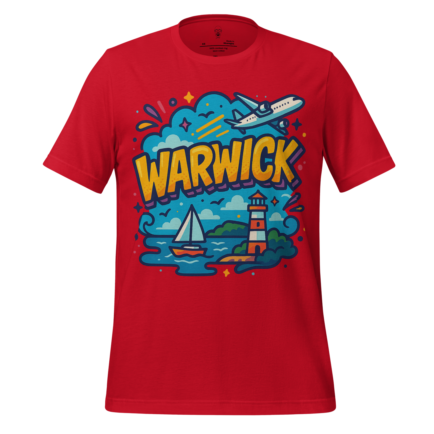 Red Warwick Graphic T-Shirt by JMK Drip with airplane, sailboat, and lighthouse design