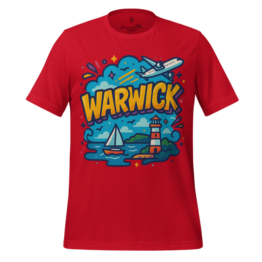 Red Warwick Graphic T-Shirt by JMK Drip with airplane, sailboat, and lighthouse design