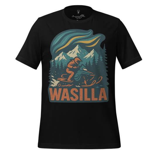 JMK Drip Wasilla Graphic T-Shirt with snowmobile rider and mountain design on black fabric