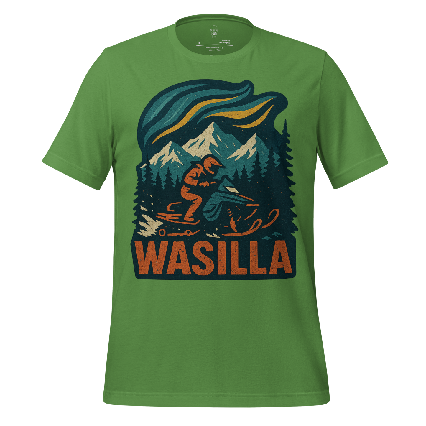 Green Wasilla Graphic T-Shirt by JMK Drip featuring snowmobile rider with mountains and trees design