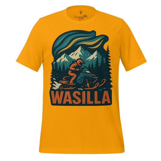 Yellow Wasilla Graphic T-Shirt with mountain, forest, and snowmobile design by JMK Drip