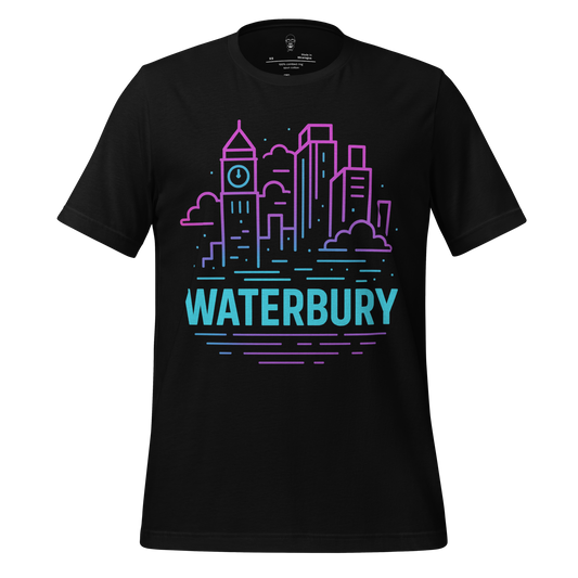 Black Waterbury Graphic T-Shirt by JMK Drip with neon cityscape design and bold text