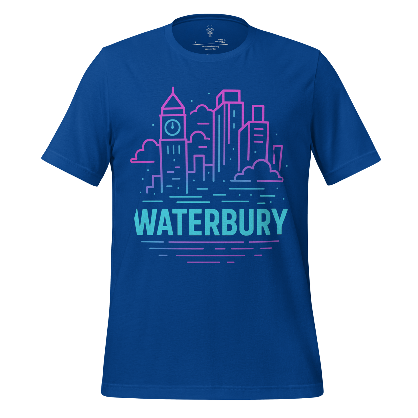 JMK Drip blue Waterbury Graphic T-Shirt with colorful city skyline design and clock tower