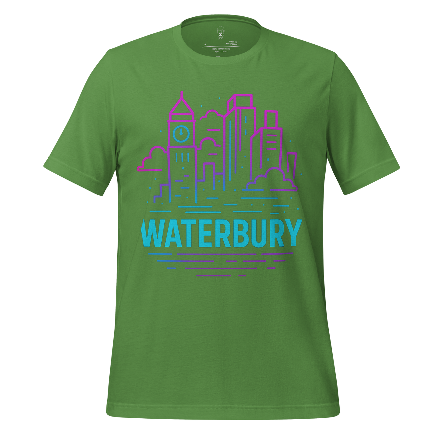 Green Waterbury Graphic T-Shirt by JMK Drip with blue and purple city skyline design