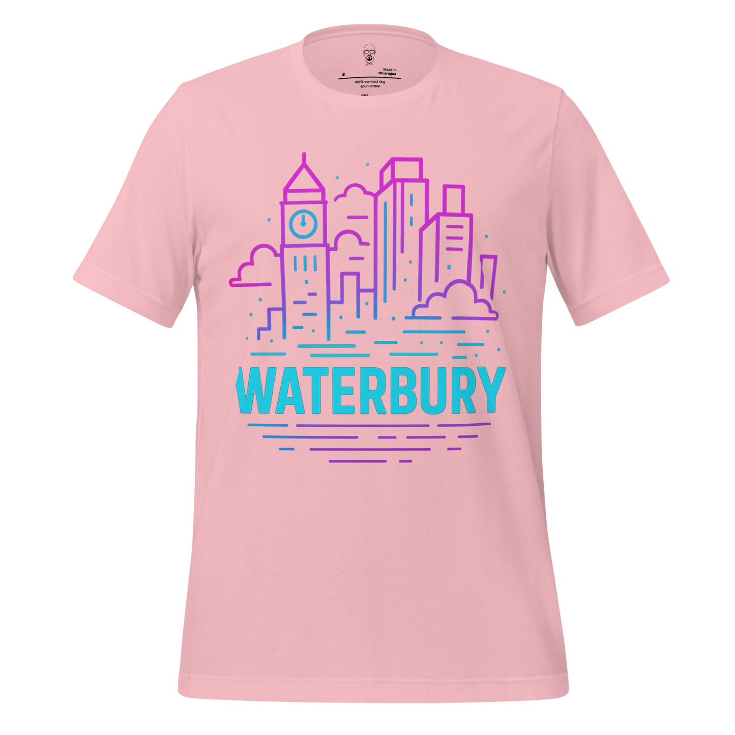 JMK Drip pink Waterbury Graphic T-Shirt with blue and purple city skyline design