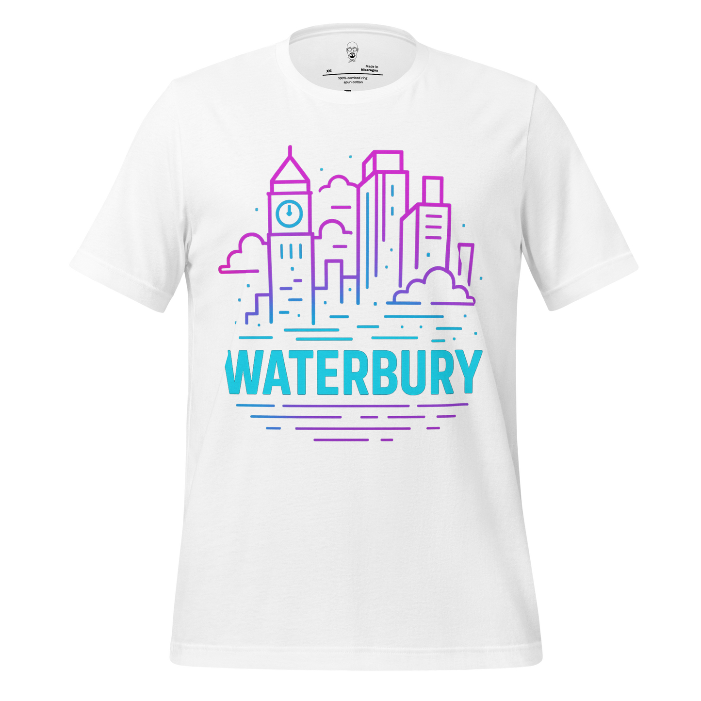 White Waterbury Graphic T-Shirt by JMK Drip featuring colorful city skyline design