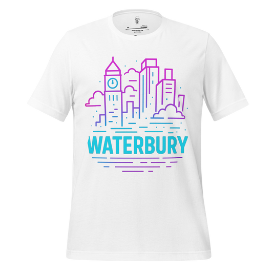 White Waterbury Graphic T-Shirt by JMK Drip featuring colorful city skyline design