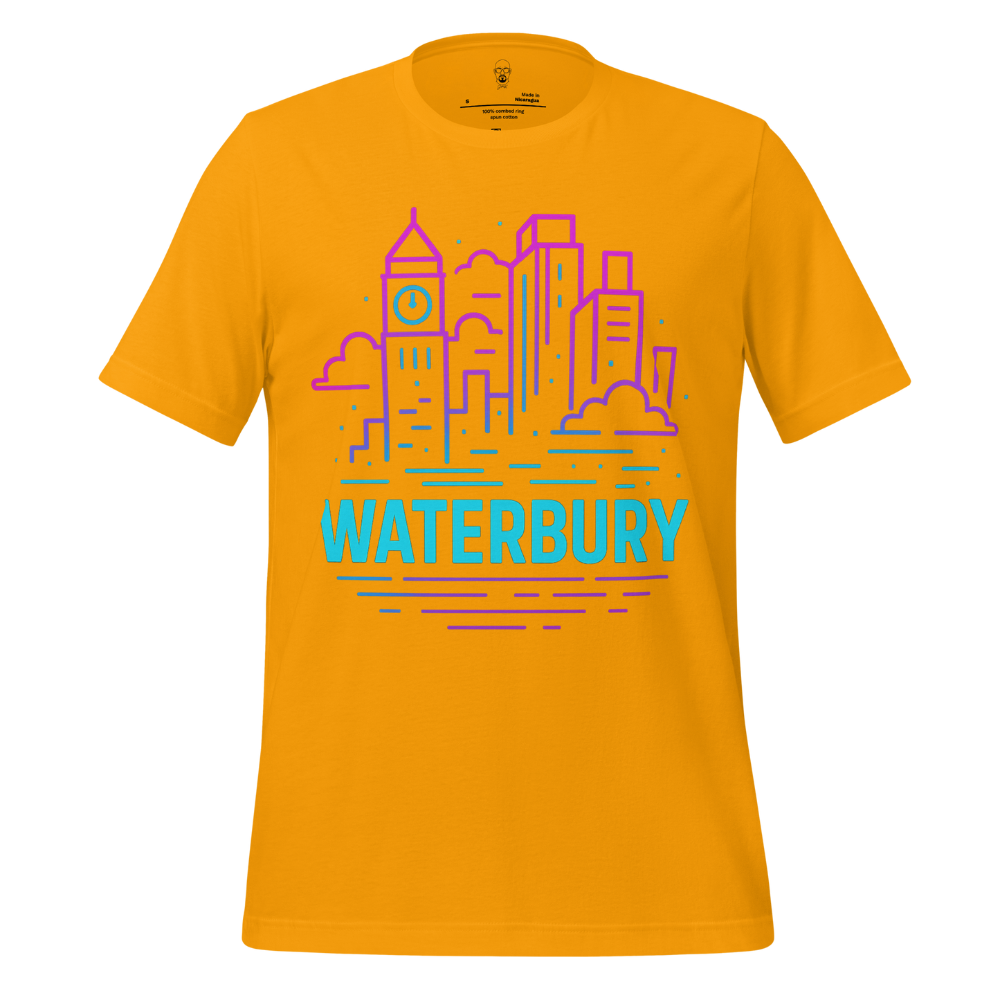 JMK Drip Waterbury Graphic T-Shirt in orange with blue and purple city skyline design