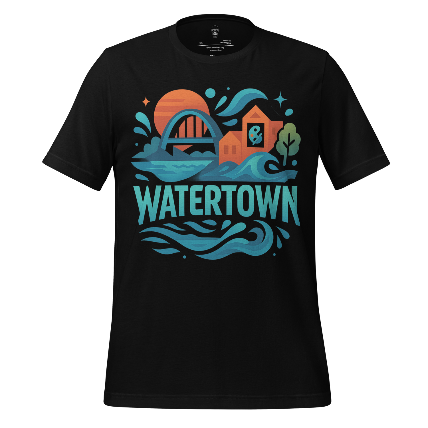 JMK Drip Watertown graphic t-shirt with colorful water and town design on black fabric