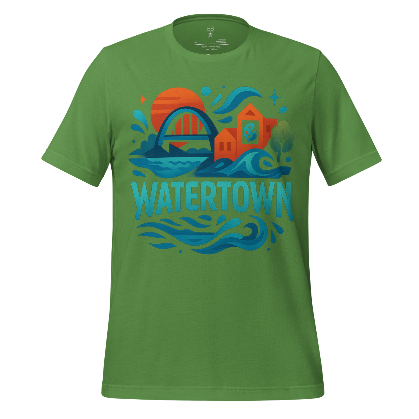 Green JMK Drip Watertown graphic t-shirt with colorful bridge and sun design