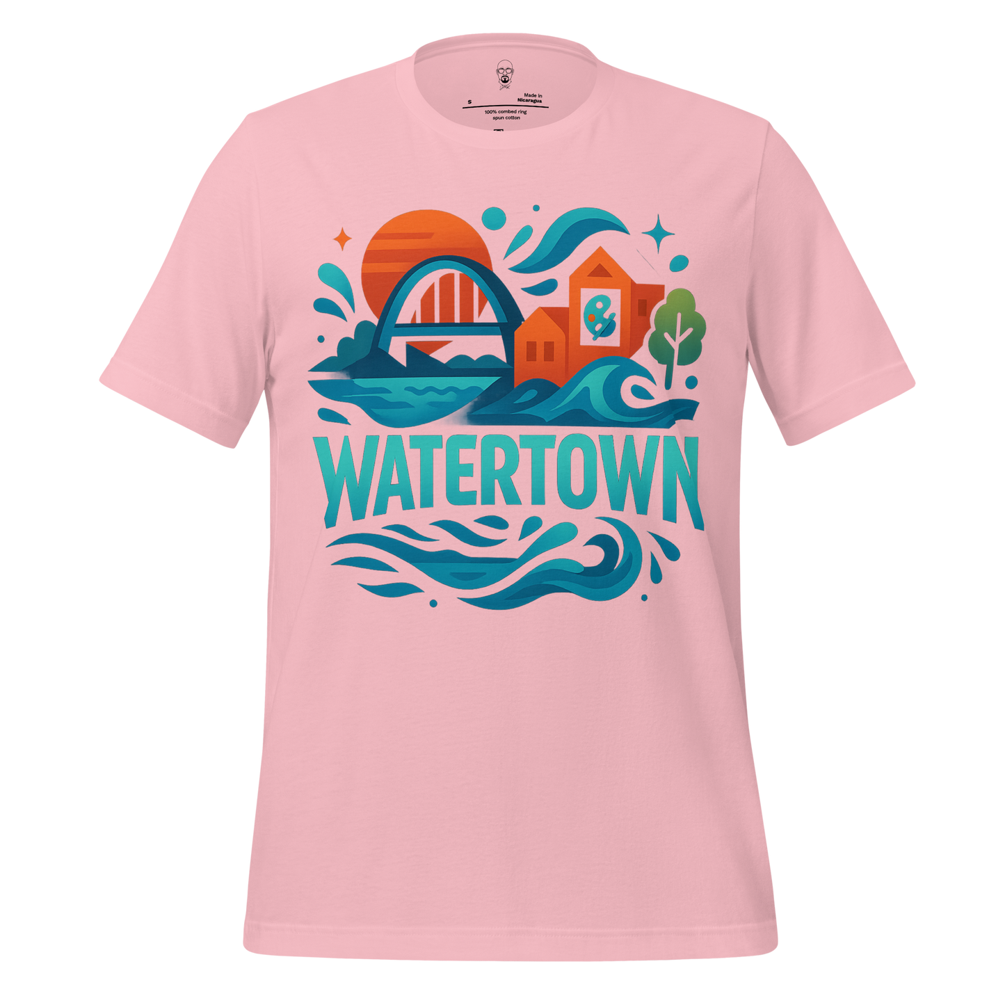 Pink Watertown graphic t-shirt with colorful river, bridge, houses, and tree design