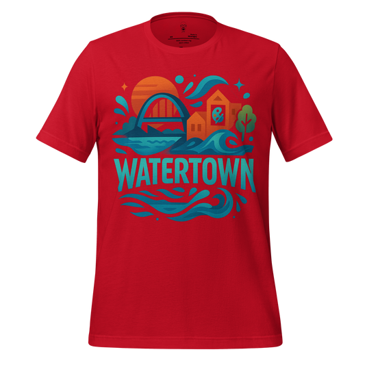 Red Watertown graphic t-shirt with colorful town and water wave design by JMK Drip