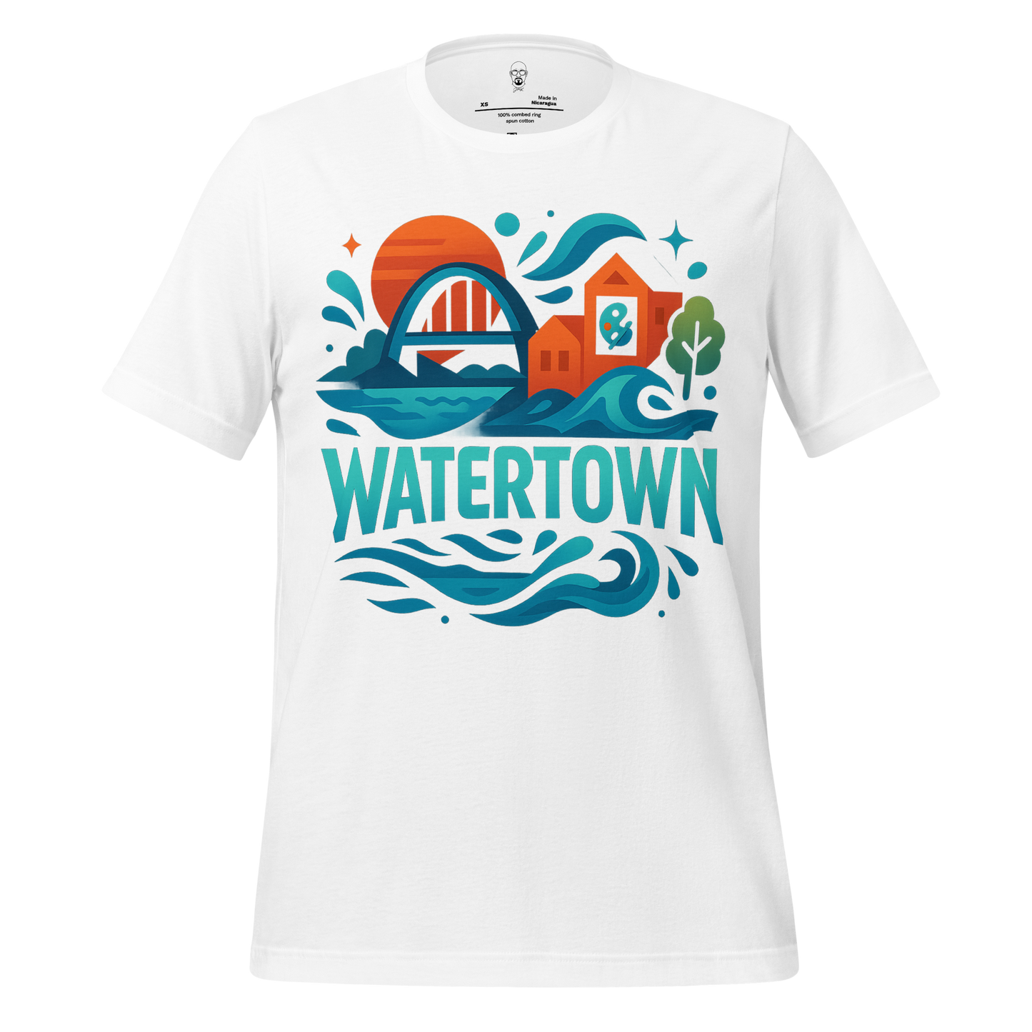 JMK Drip white Watertown graphic t-shirt with colorful river, bridge, and house design
