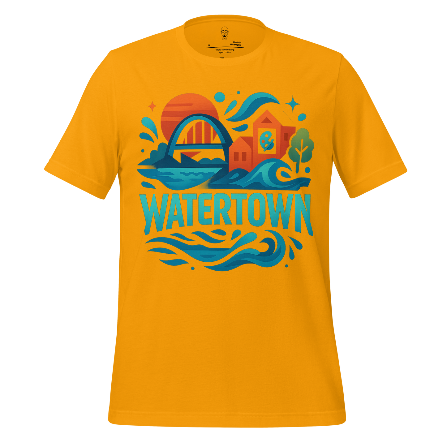 JMK Drip Watertown graphic t-shirt in yellow with colorful town and river design
