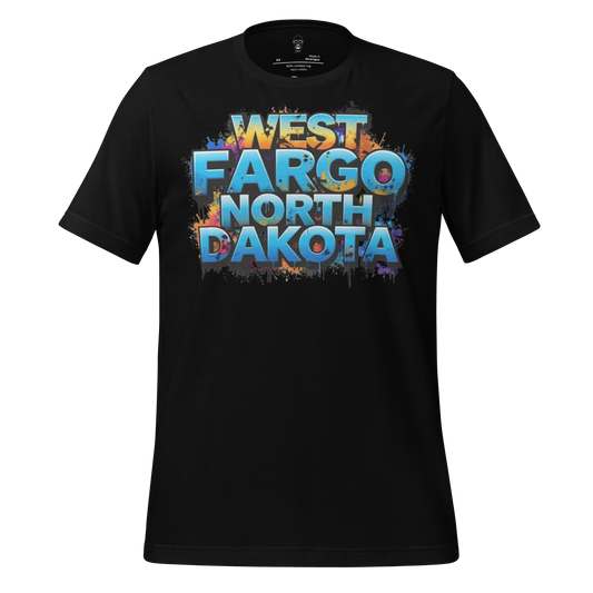 Black West Fargo t-shirt with colorful splash design featuring text West Fargo North Dakota