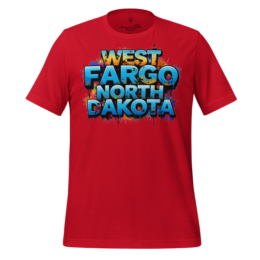 Red West Fargo t-shirt by JMK Drip with colorful West Fargo North Dakota graphic design