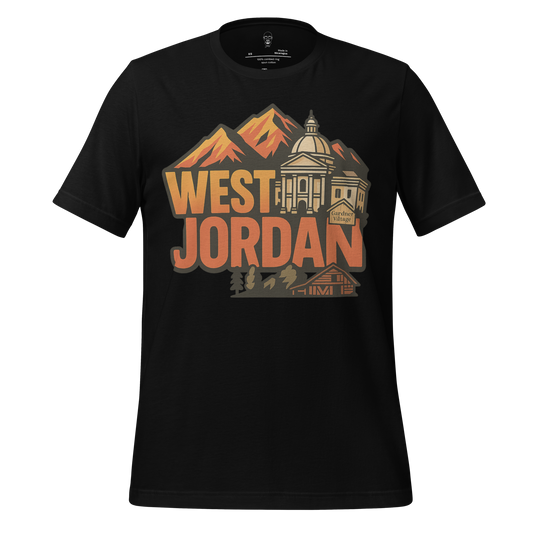 Black West Jordan graphic t-shirt by JMK Drip featuring mountains and city landmarks design