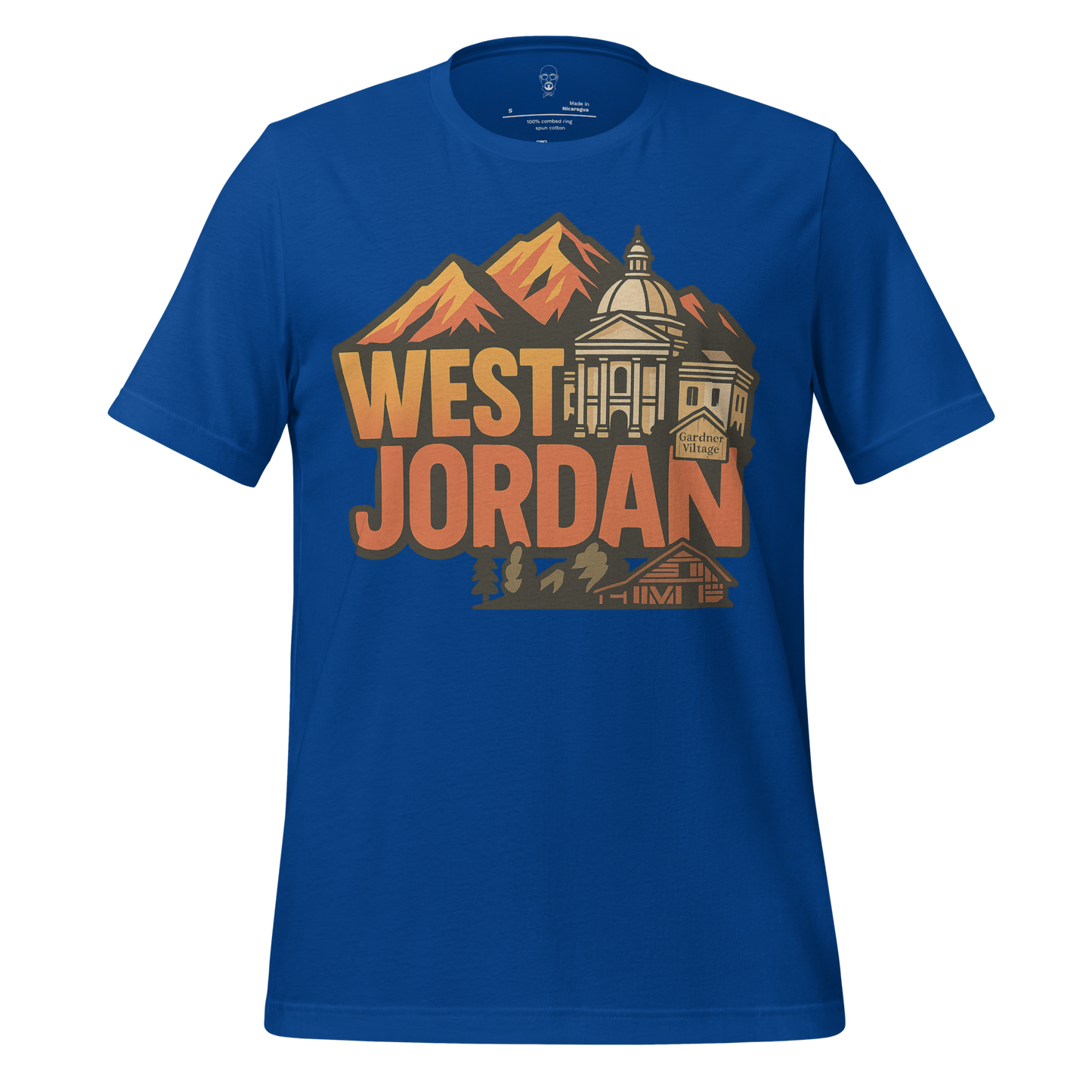 Blue West Jordan graphic t-shirt featuring mountains and historic building design by JMK Drip