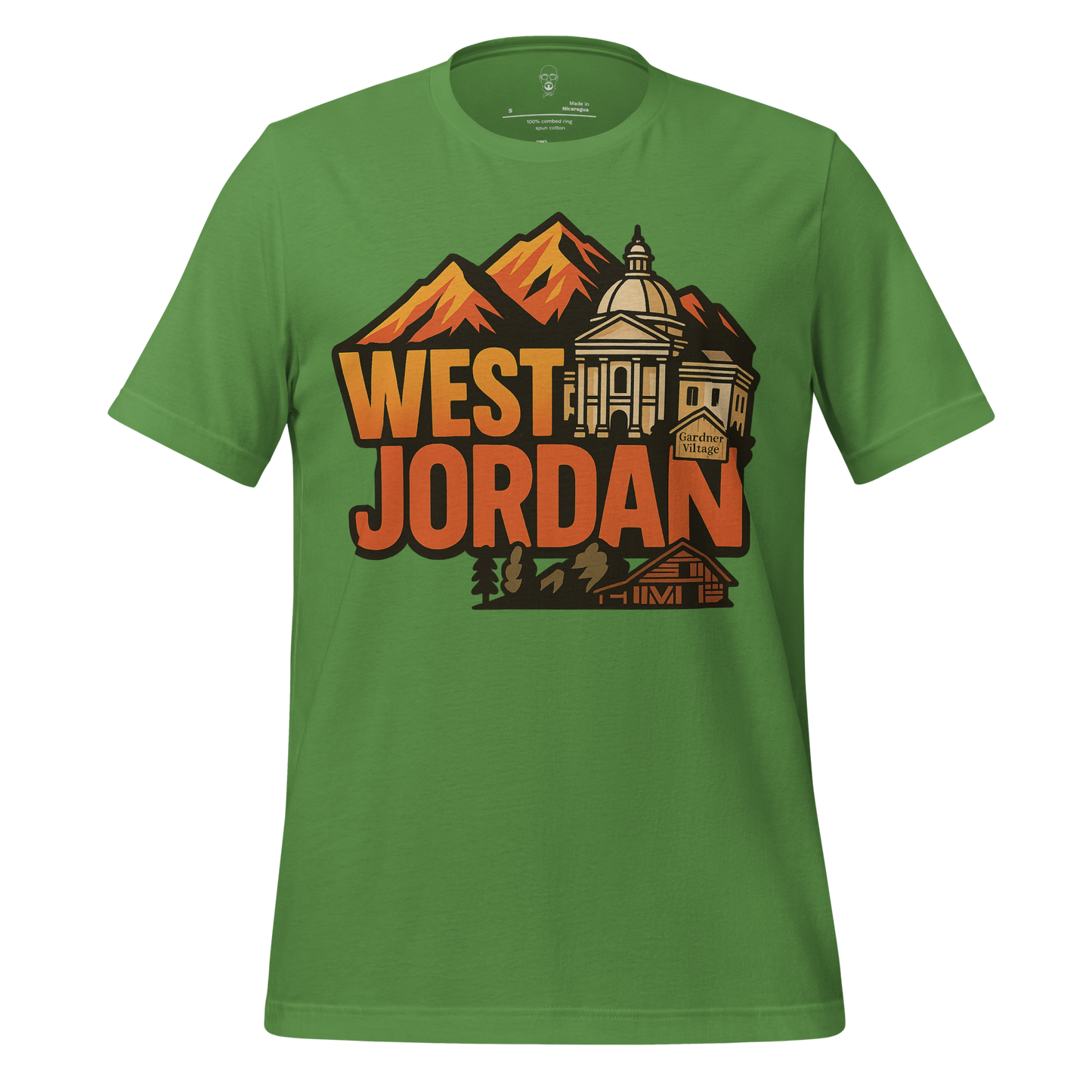 Green West Jordan graphic t-shirt with mountain and historic building design by JMK Drip