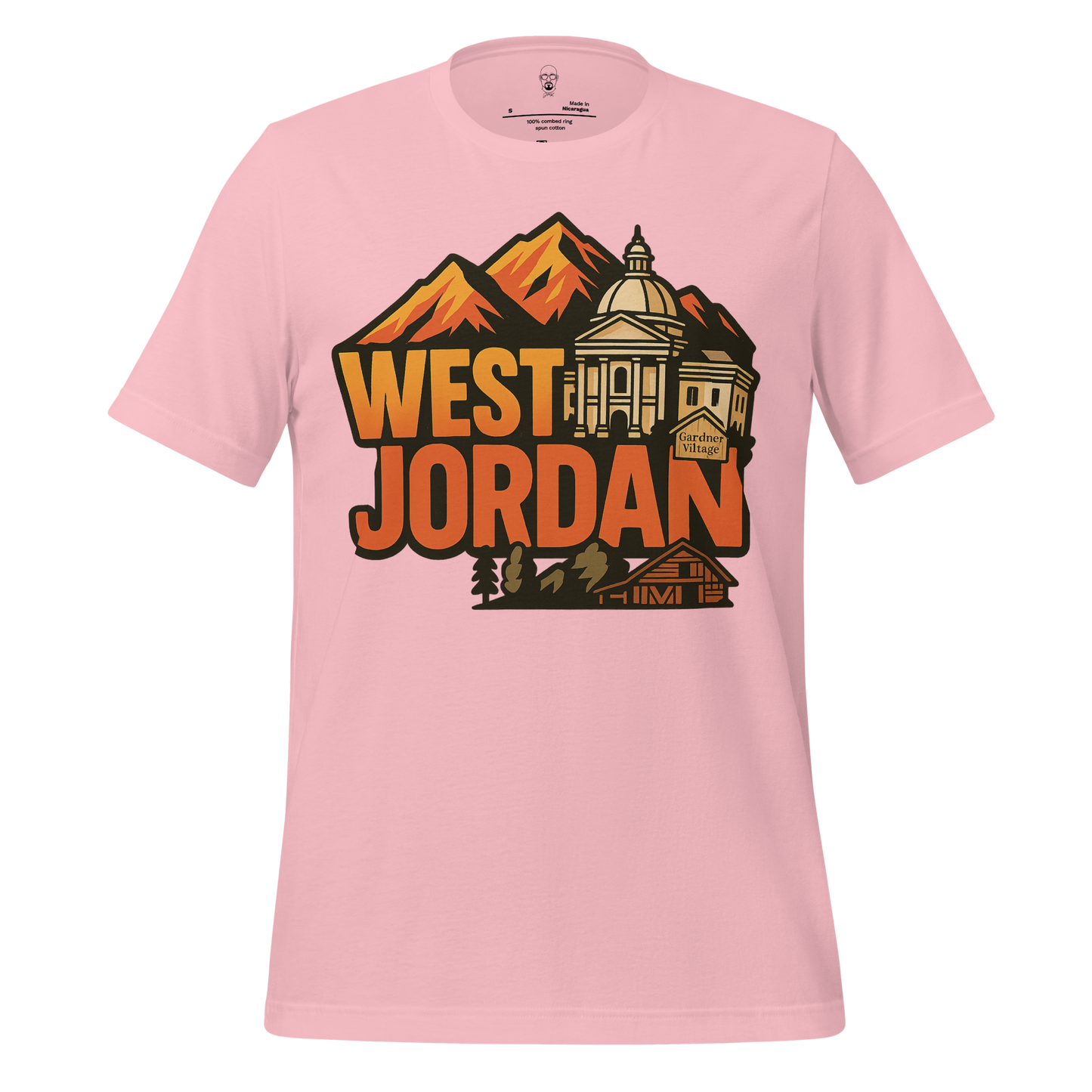 Pink West Jordan graphic t-shirt featuring mountains and historic building design by JMK Drip
