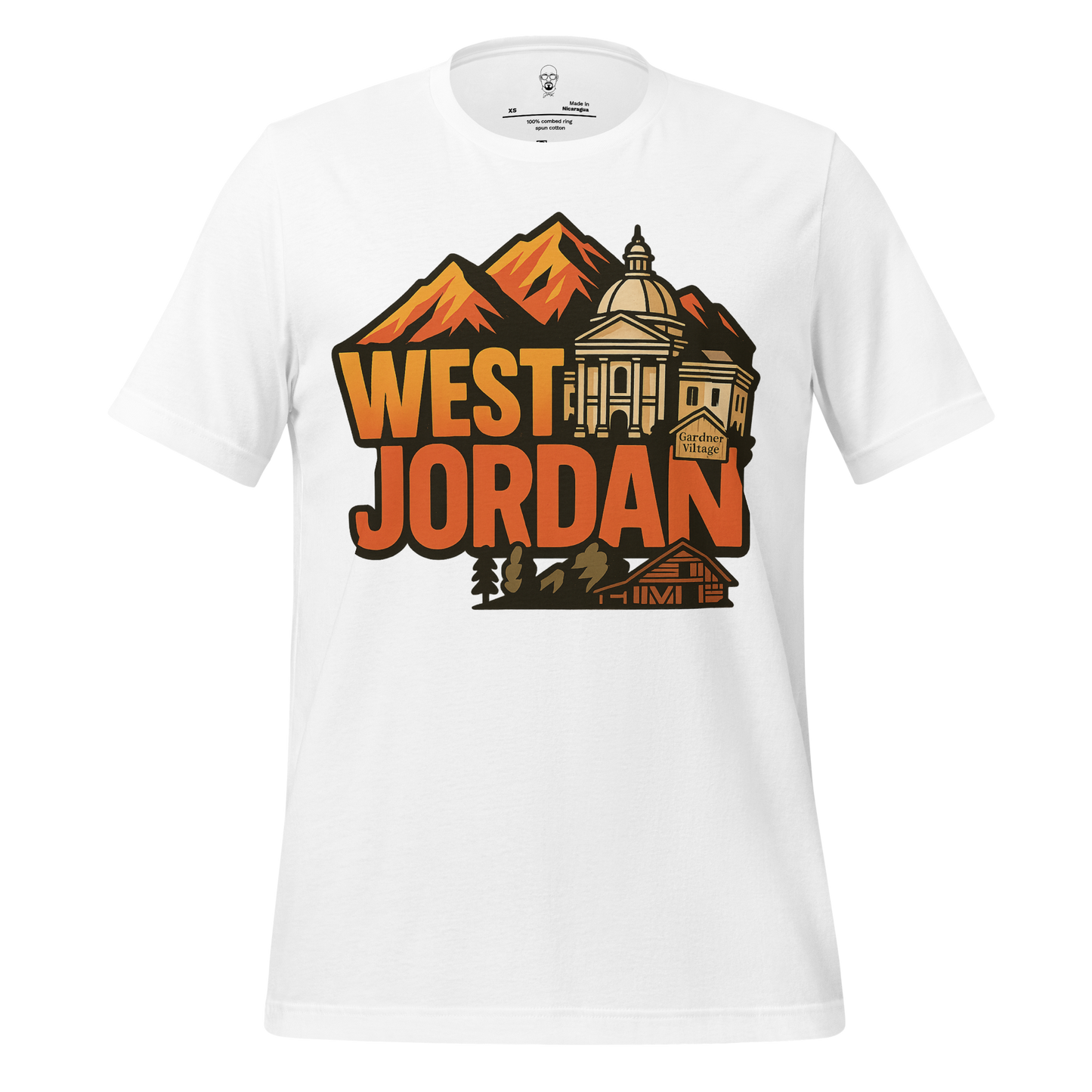 JMK Drip white West Jordan graphic t-shirt featuring mountains and historic buildings design